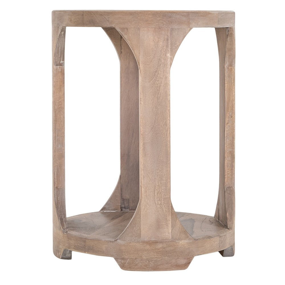 Eray 18 In Round Side Table w Shelf, Light Brown Teak, Mango Wood  -BM334320