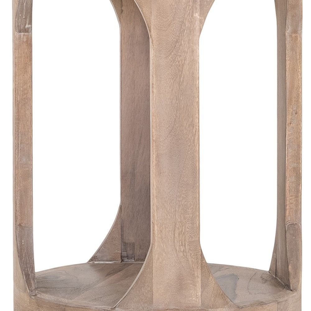 Eray 18 In Round Side Table w Shelf, Light Brown Teak, Mango Wood  -BM334320