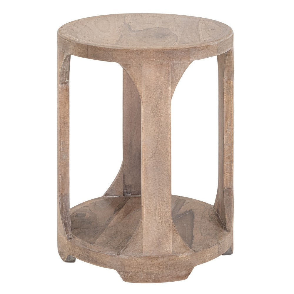 Eray 18 In Round Side Table w Shelf, Light Brown Teak, Mango Wood  -BM334320