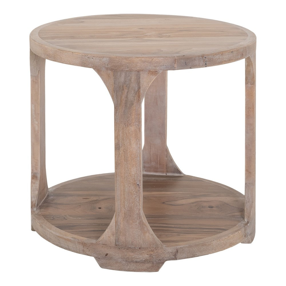 Eray Side End Table, Bottom Shelf 26 Inch Round Open Frame, Brown Teak -BM334321