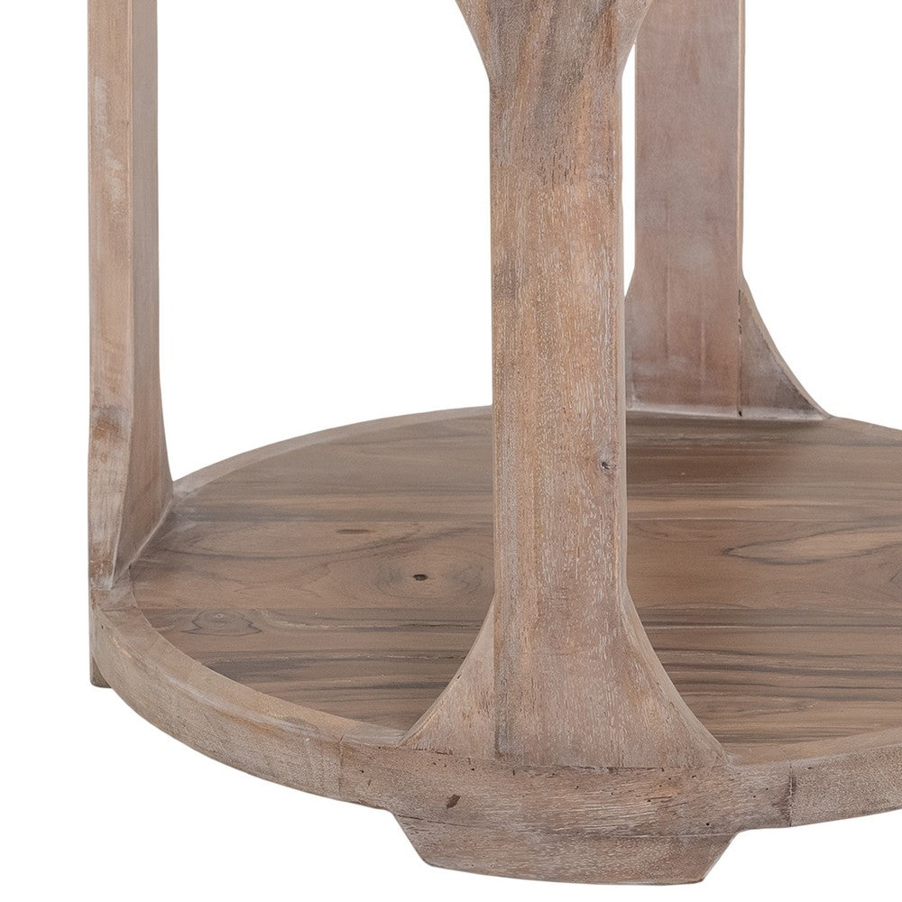 Eray Side End Table, Bottom Shelf 26 Inch Round Open Frame, Brown Teak -BM334321