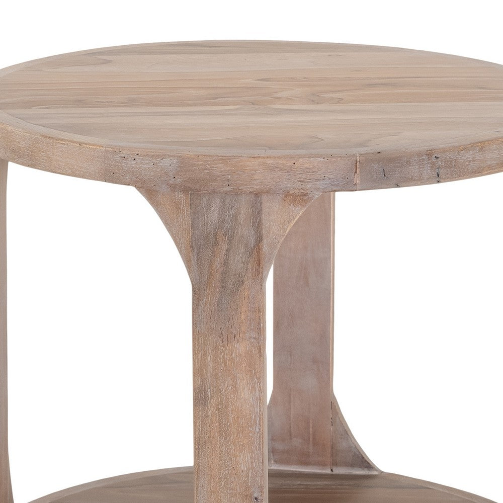 Eray Side End Table, Bottom Shelf 26 Inch Round Open Frame, Brown Teak -BM334321