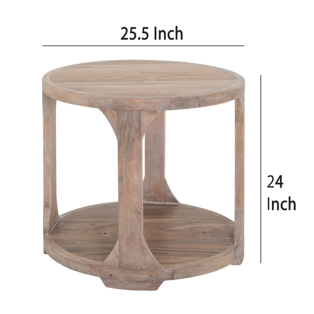 Eray Side End Table, Bottom Shelf 26 Inch Round Open Frame, Brown Teak -BM334321