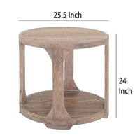 Eray Side End Table, Bottom Shelf 26 Inch Round Open Frame, Brown Teak -BM334321