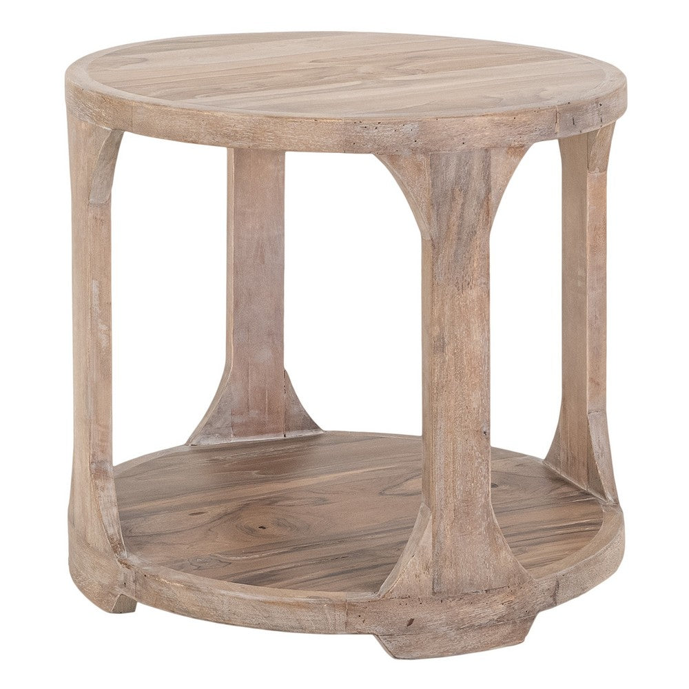 Eray Side End Table, Bottom Shelf 26 Inch Round Open Frame, Brown Teak -BM334321