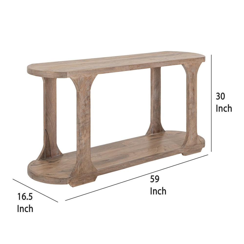 Eray 59 Inch Sofa Console Table w Shelf, Oblong Frame, Brown Teak Wood -BM334322