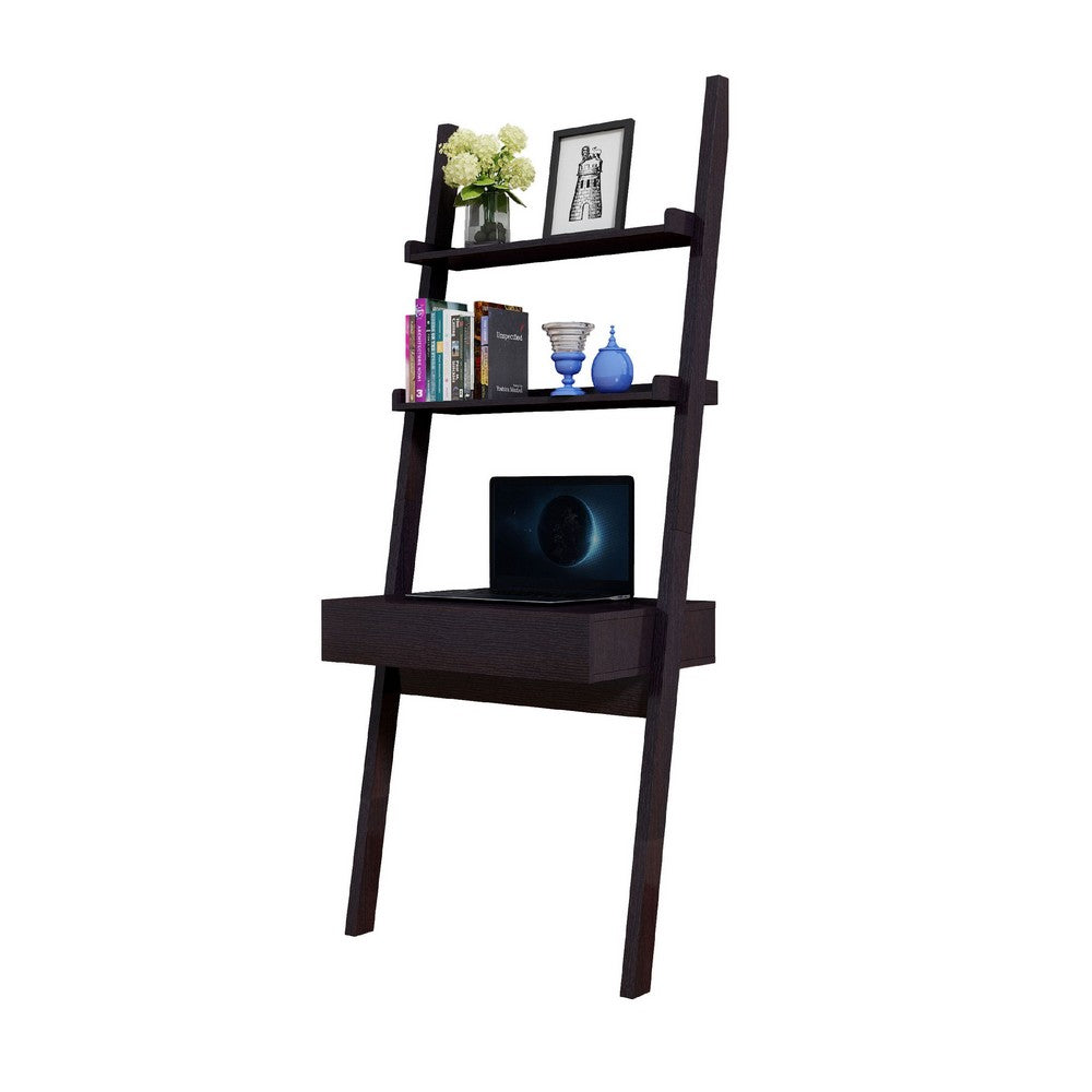Tall Desk with Ladder Shelves, 1 Drawer 2 Shelves, 72 Inch, Brown Wood -BM334355