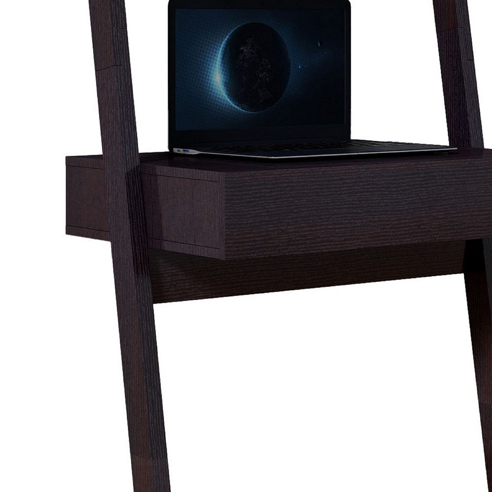 Tall Desk with Ladder Shelves, 1 Drawer 2 Shelves, 72 Inch, Brown Wood -BM334355