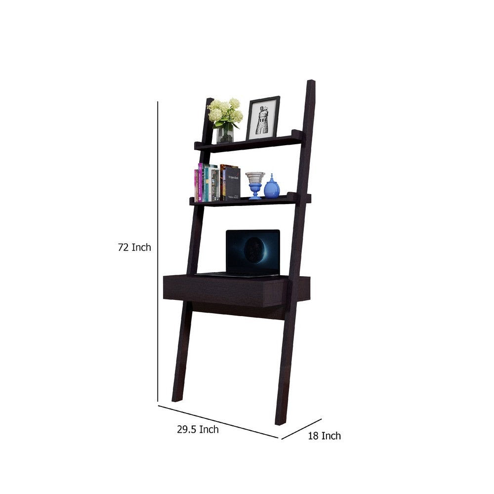 Tall Desk with Ladder Shelves, 1 Drawer 2 Shelves, 72 Inch, Brown Wood -BM334355