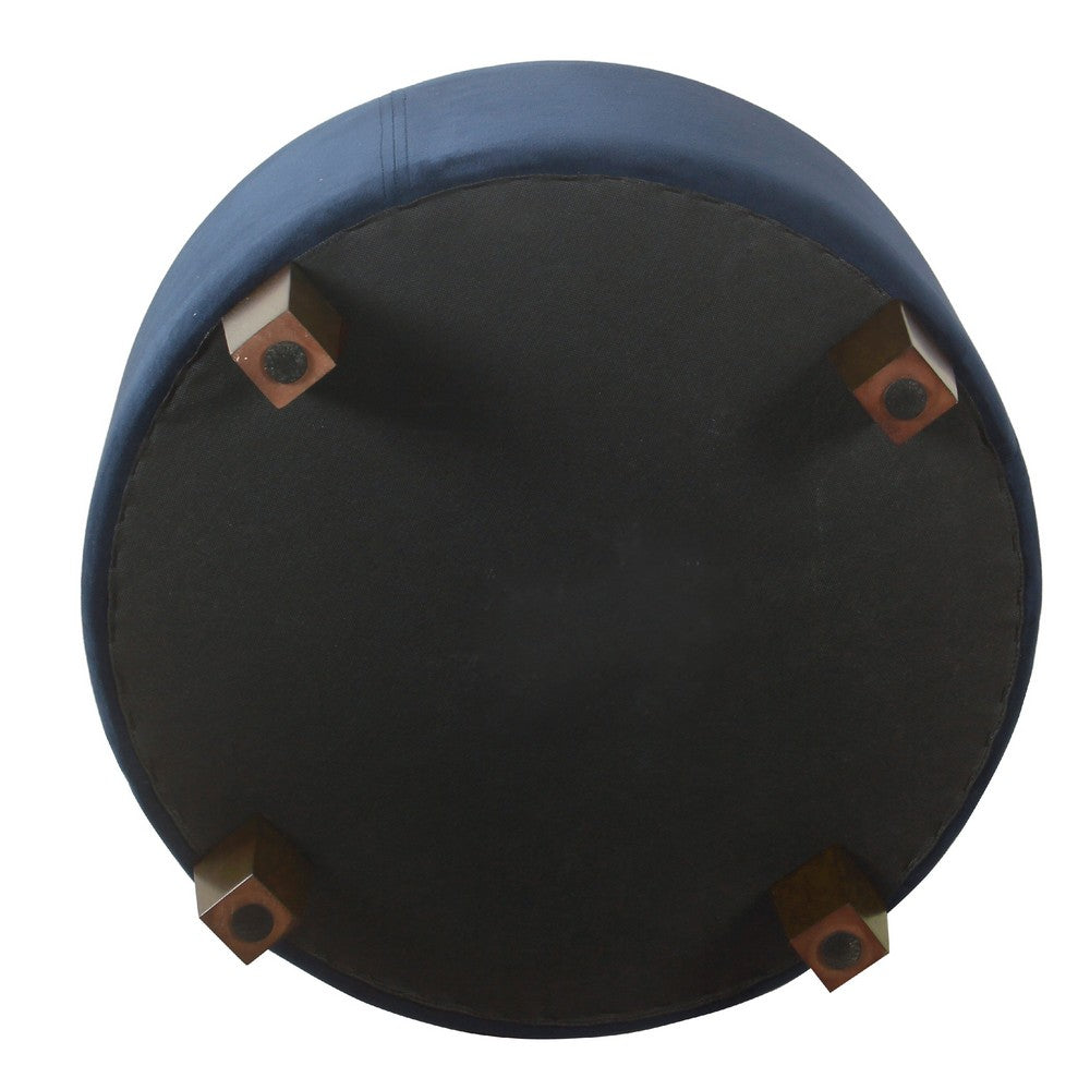 Soni Round Storage Ottoman, 24 Inch Navy Blue Velvet, Dark Brown Legs -BM334427