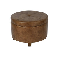 Soni Round Storage Ottoman, 24 Inch Brown Faux Leather, Wood Legs -BM334428