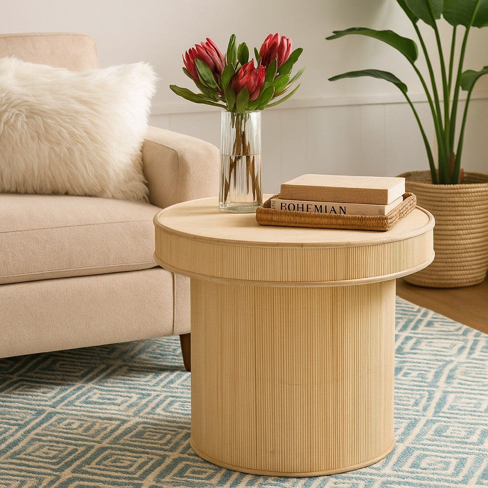 Tyl Side End Table, 22 Inch, Round Top, Cylindrical Bamboo Base, Brown -BM334561
