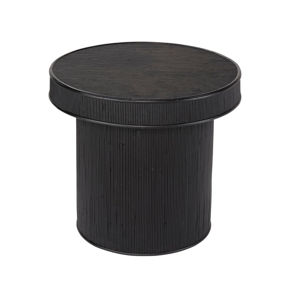 Tyl Side End Table, 22 Inch, Round Top, Cylindrical Bamboo Base, Black -BM334562
