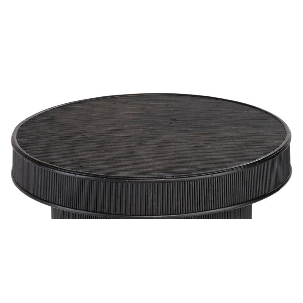 Tyl Side End Table, 22 Inch, Round Top, Cylindrical Bamboo Base, Black -BM334562