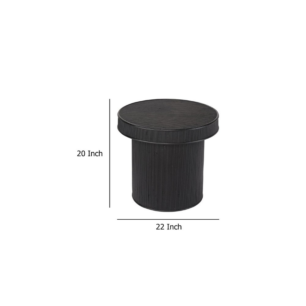 Tyl Side End Table, 22 Inch, Round Top, Cylindrical Bamboo Base, Black -BM334562