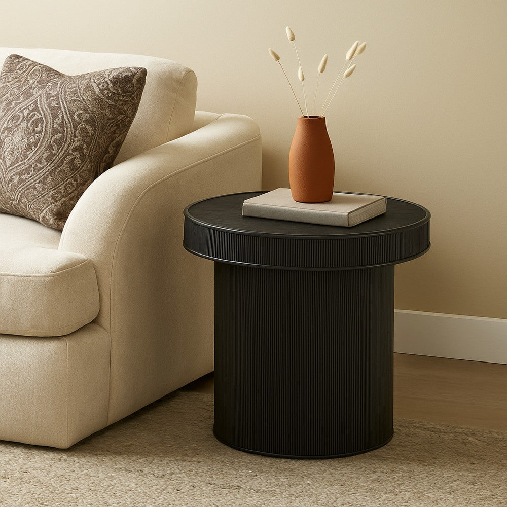 Tyl Side End Table, 22 Inch, Round Top, Cylindrical Bamboo Base, Black -BM334562