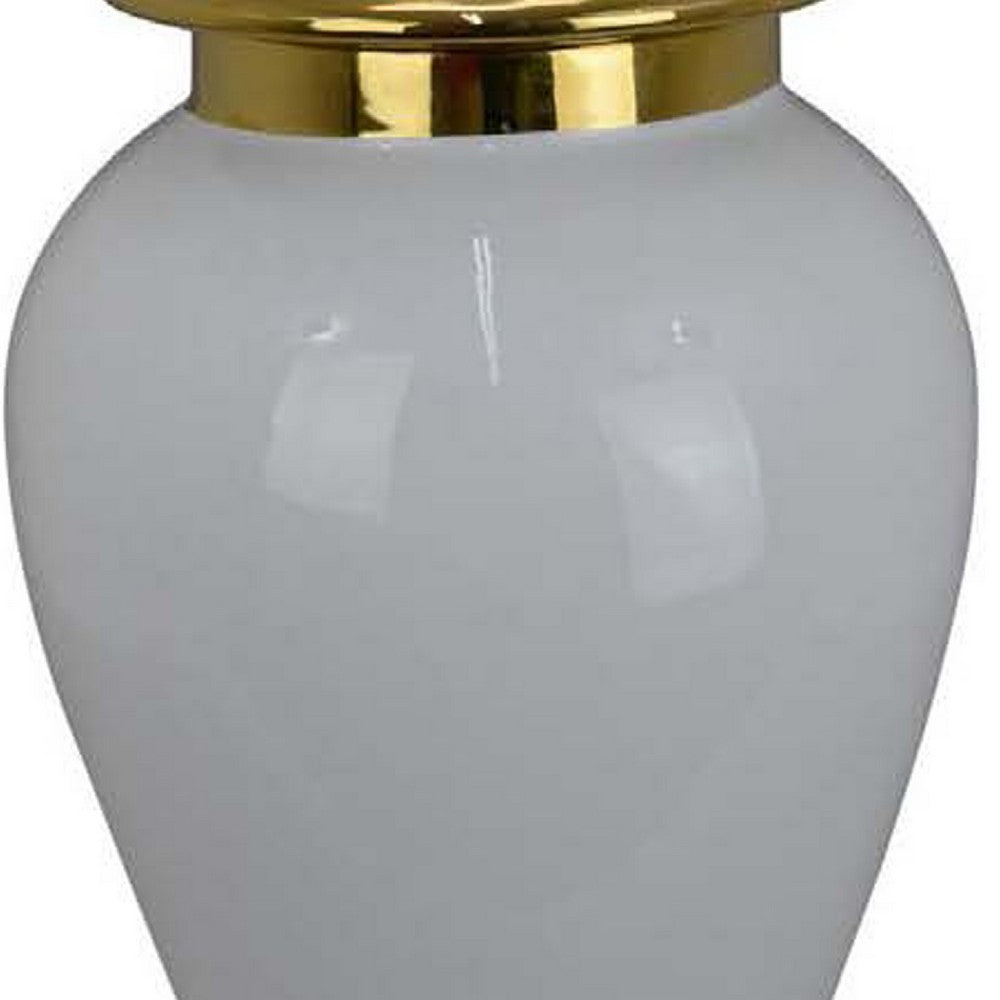 Risy Covered Jar, 24 Inch, Gold Finial, White Curved Ceramic Base -BM334809