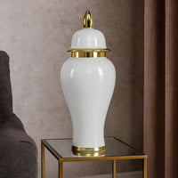 Risy Covered Jar, 24 Inch, Gold Finial, White Curved Ceramic Base -BM334809