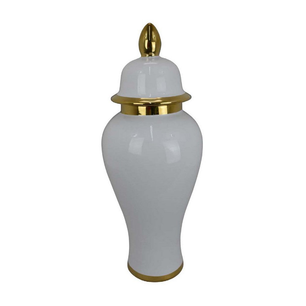 Risy Covered Jar, 24 Inch, Gold Finial, White Curved Ceramic Base -BM334809