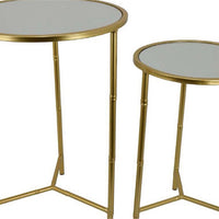 Modern Plant Stand Table Set of 2, Round Mirror Top, Gold Metal Base -BM334816