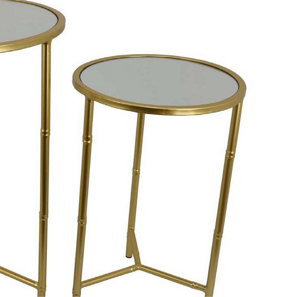 Modern Plant Stand Table Set of 2, Round Mirror Top, Gold Metal Base -BM334816