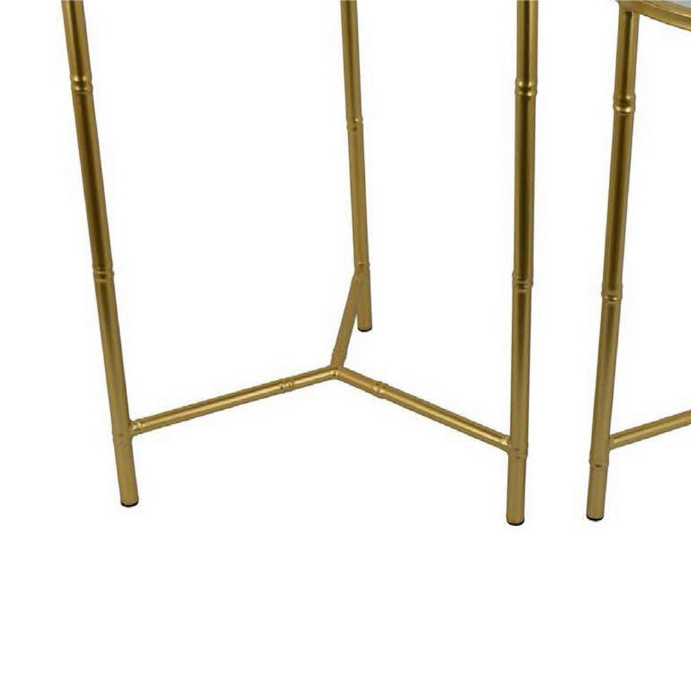 Modern Plant Stand Table Set of 2, Round Mirror Top, Gold Metal Base -BM334816