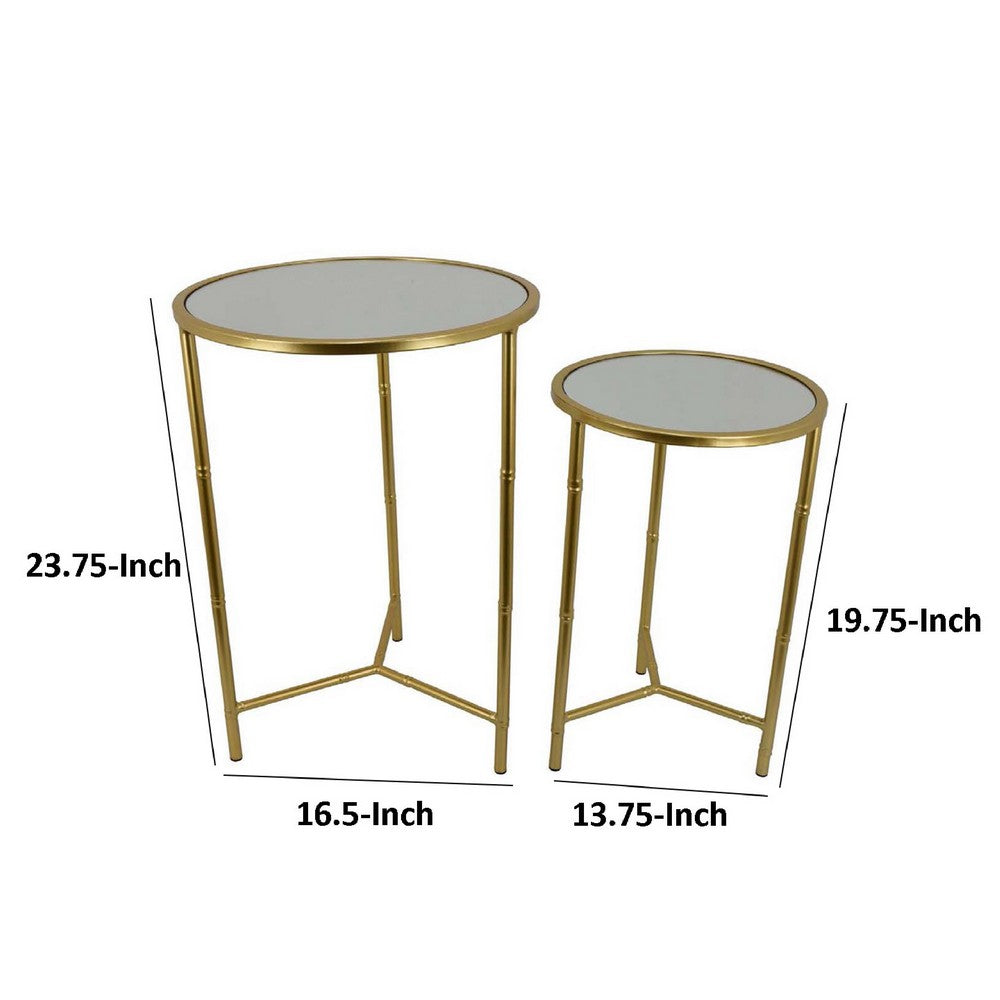 Modern Plant Stand Table Set of 2, Round Mirror Top, Gold Metal Base -BM334816
