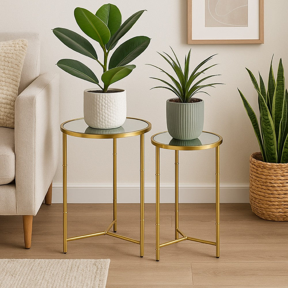 Modern Plant Stand Table Set of 2, Round Mirror Top, Gold Metal Base -BM334816