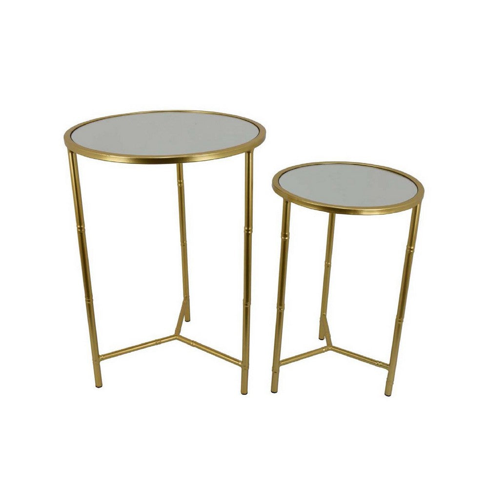 Modern Plant Stand Table Set of 2, Round Mirror Top, Gold Metal Base -BM334816