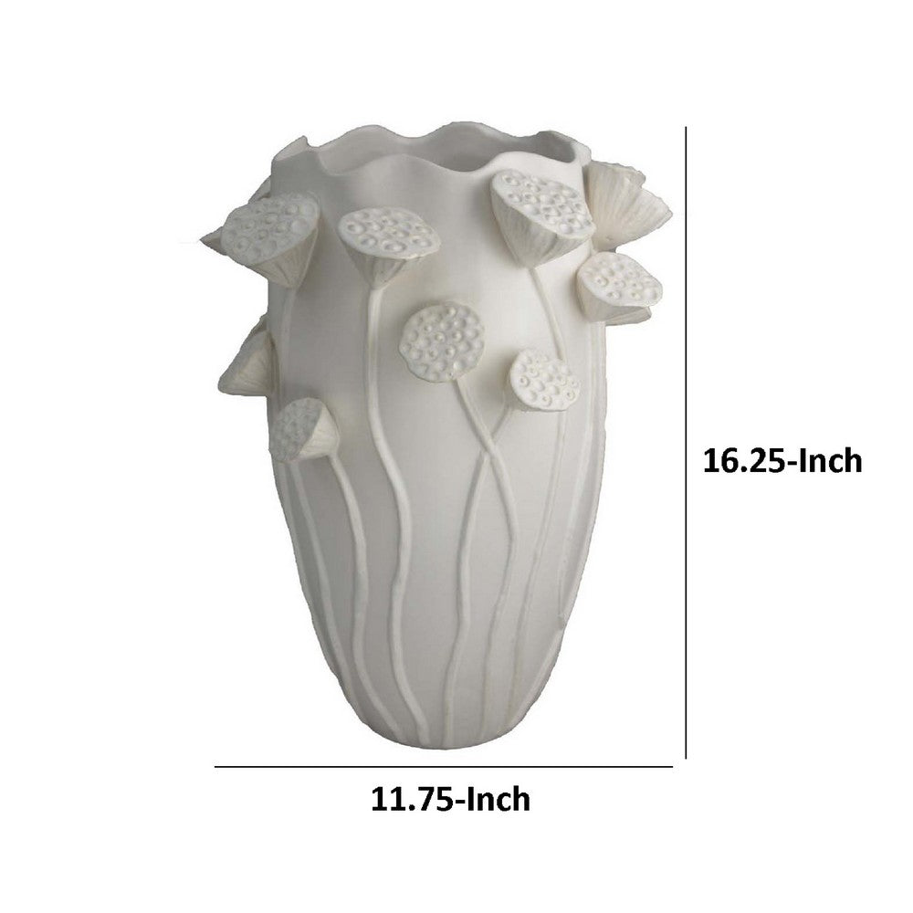 Ro Decorative Vase, Textured Lotus Accents, White Ceramic 16 Inch -BM334861