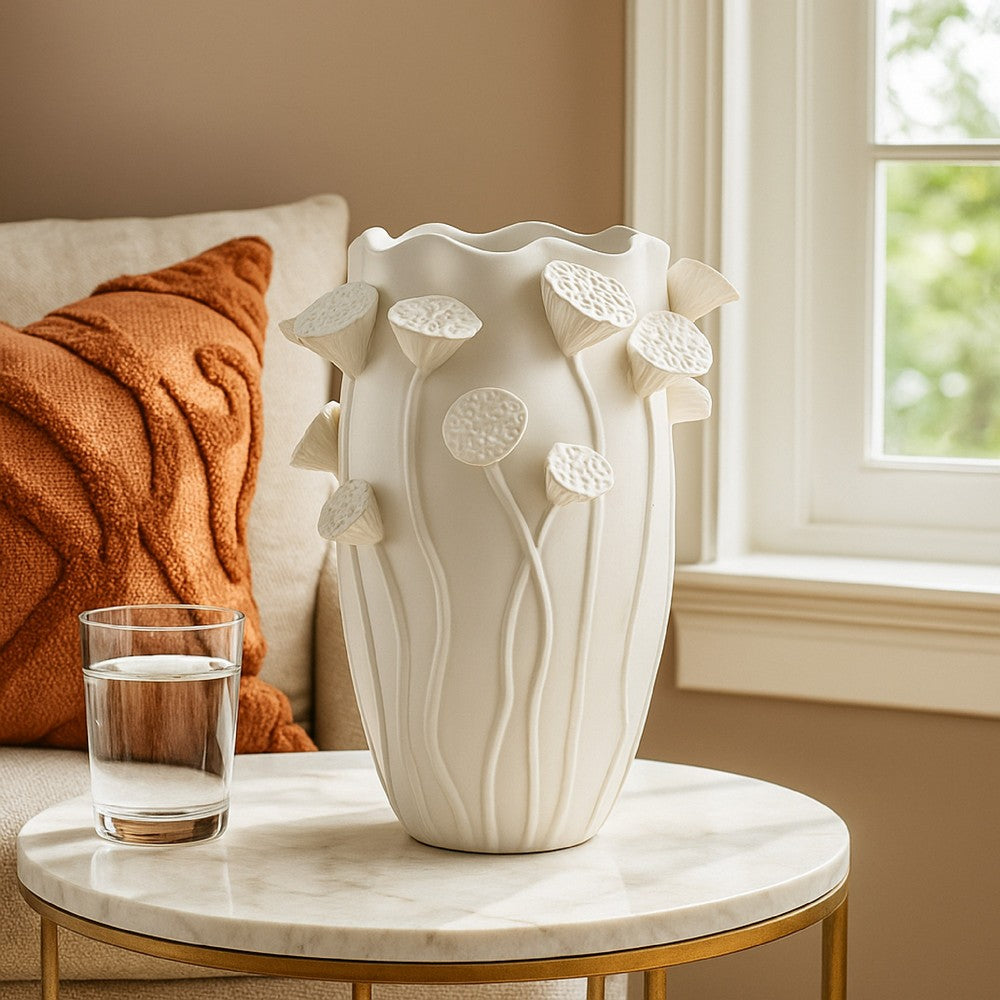 Ro Decorative Vase, Textured Lotus Accents, White Ceramic 16 Inch -BM334861