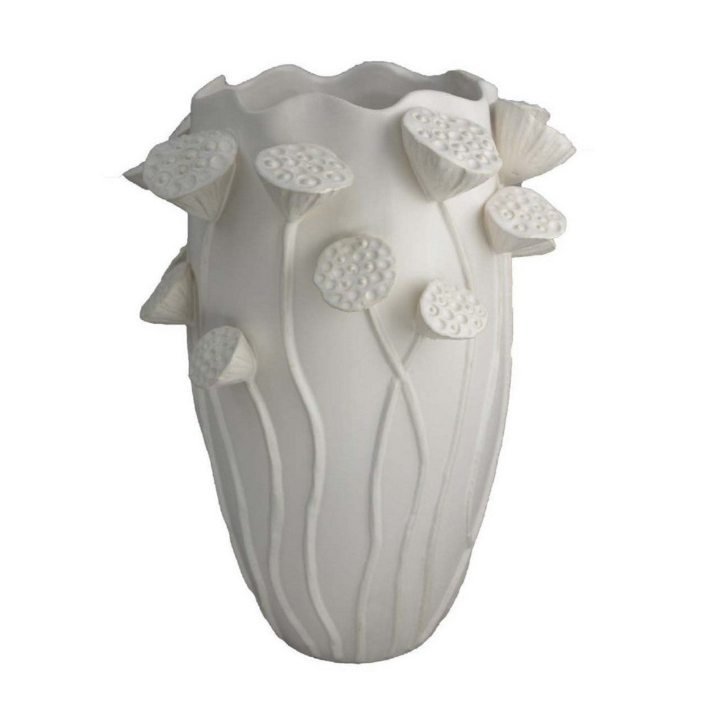 Ro Decorative Vase, Textured Lotus Accents, White Ceramic 16 Inch -BM334861