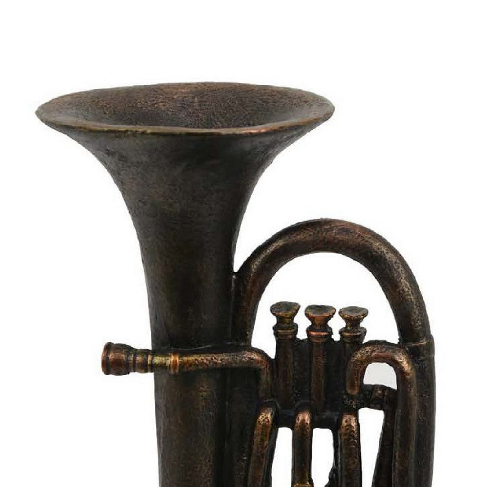 Trumpet Tabletop Decor, Dark Bronze Resin, Round Base, 15 Inch -BM335005