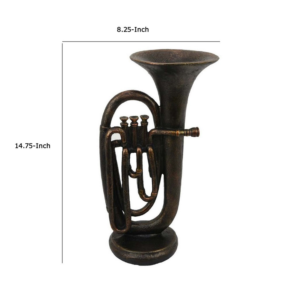 Trumpet Tabletop Decor, Dark Bronze Resin, Round Base, 15 Inch -BM335005