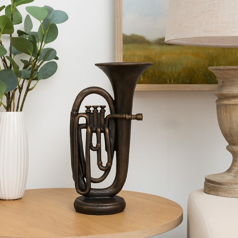 Trumpet Tabletop Decor, Dark Bronze Resin, Round Base, 15 Inch -BM335005