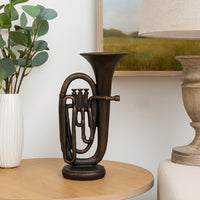 Trumpet Tabletop Decor, Dark Bronze Resin, Round Base, 15 Inch -BM335005