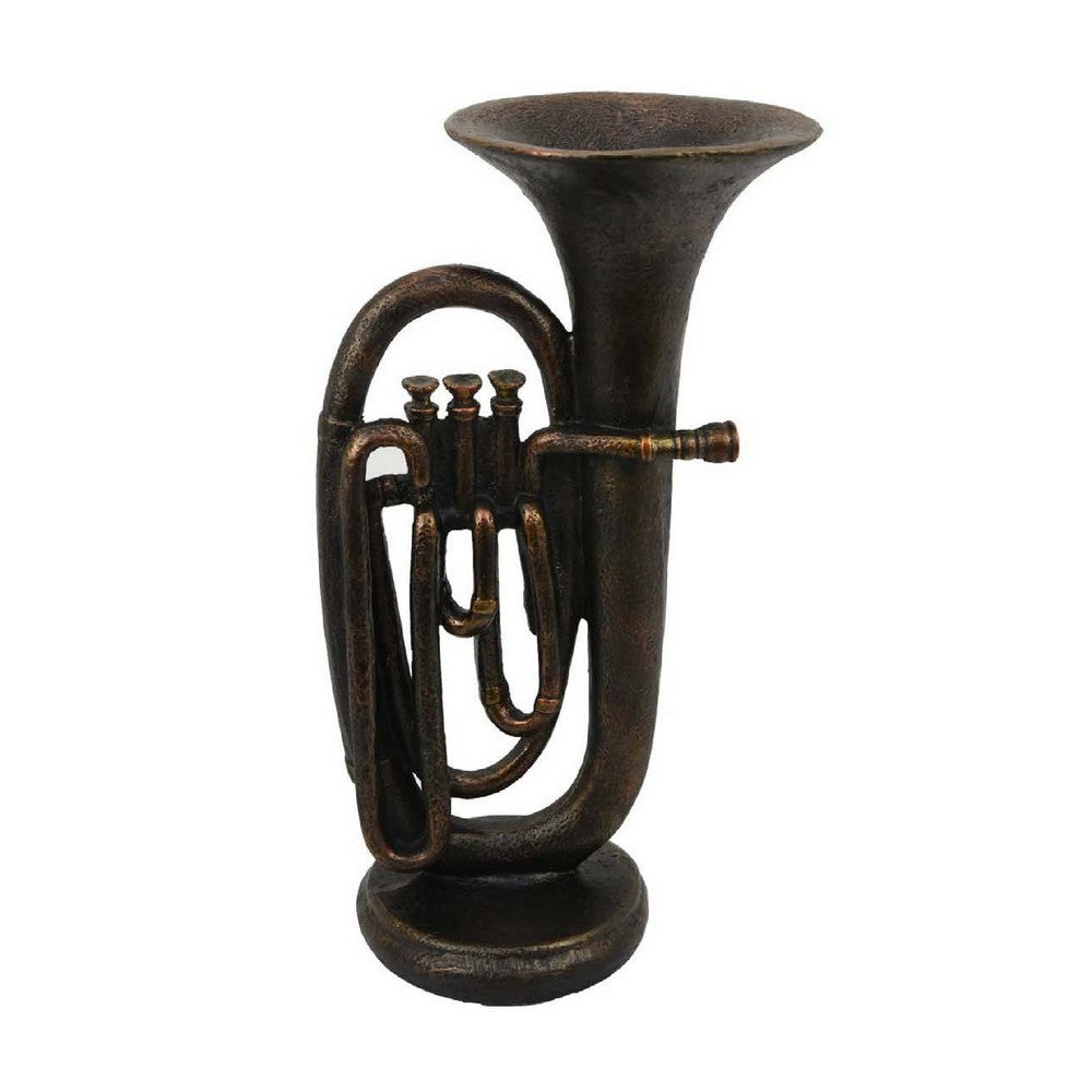 Trumpet Tabletop Decor, Dark Bronze Resin, Round Base, 15 Inch -BM335005