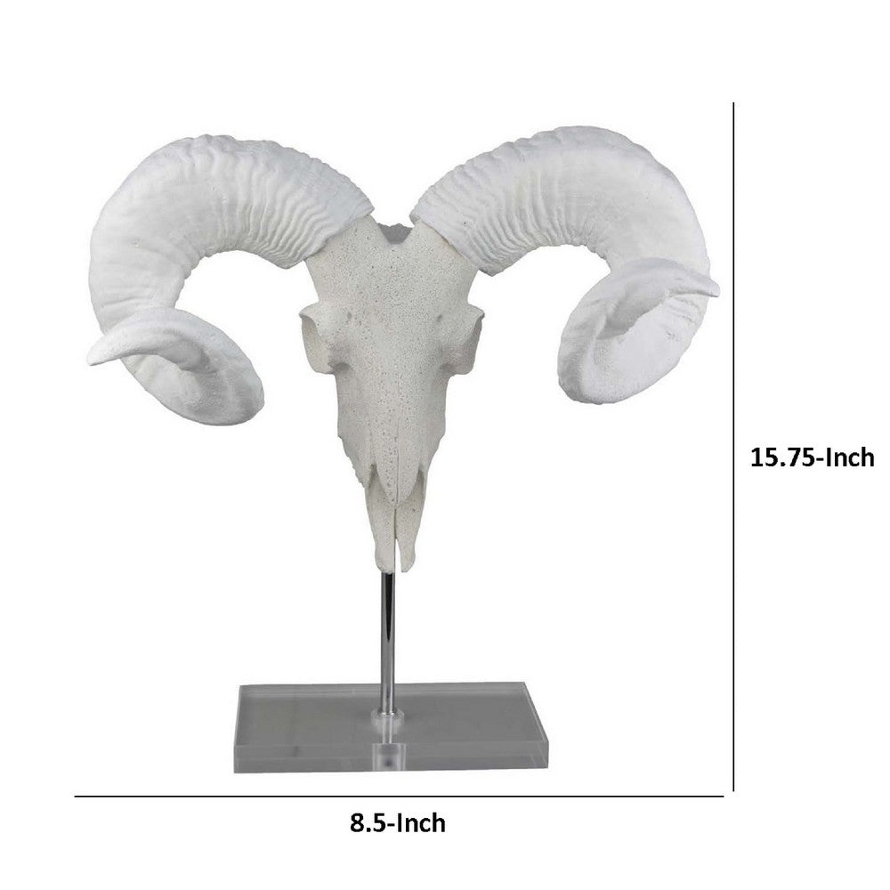 Mitch Bighead Sheep Ram Sculpture w Curved Horns, White Resin 16 Inch -BM335034