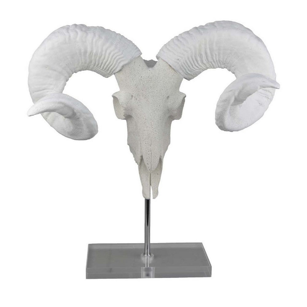 Mitch Bighead Sheep Ram Sculpture w Curved Horns, White Resin 16 Inch -BM335034