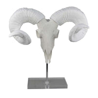 Mitch Bighead Sheep Ram Sculpture w Curved Horns, White Resin 16 Inch -BM335034