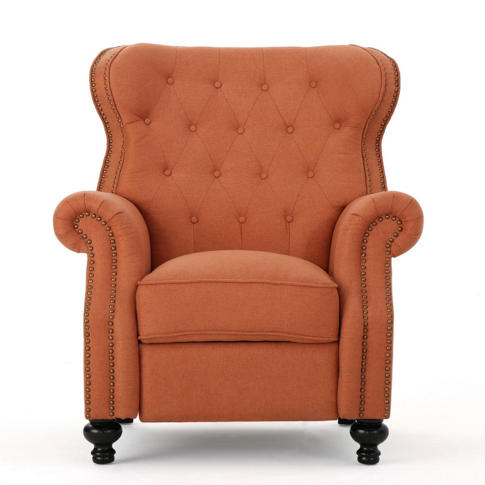 Pushback Manual Recliner Chair, Tufted Wingback, Rolled Arms, Orange -BM335107