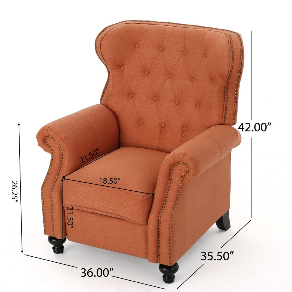 Pushback Manual Recliner Chair, Tufted Wingback, Rolled Arms, Orange -BM335107