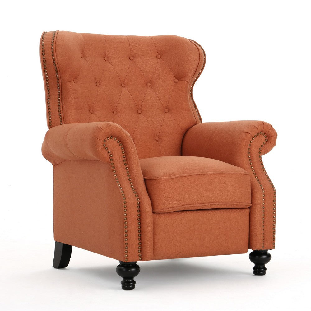 Pushback Manual Recliner Chair, Tufted Wingback, Rolled Arms, Orange -BM335107