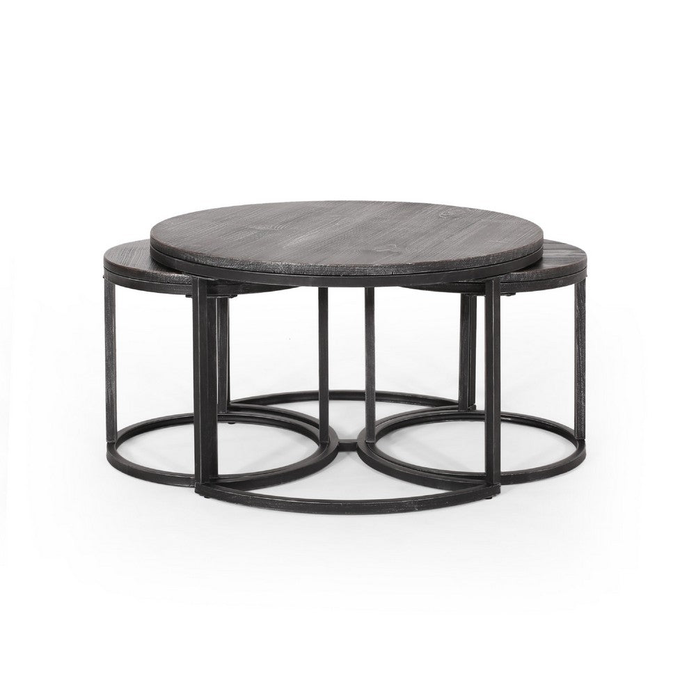 Gery 3pc Nesting Coffee and End Table Set, Gray Wood, Black Metal Base -BM335113