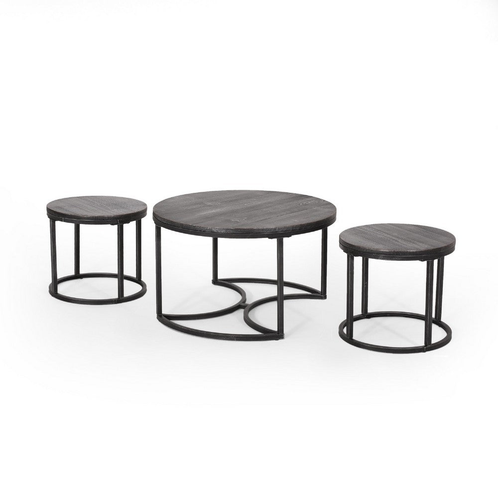 Gery 3pc Nesting Coffee and End Table Set, Gray Wood, Black Metal Base -BM335113