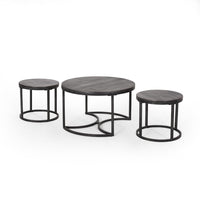 Gery 3pc Nesting Coffee and End Table Set, Gray Wood, Black Metal Base -BM335113