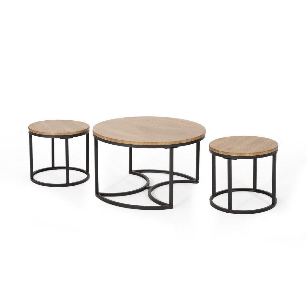 Gery 3pc Nesting Coffee and End Table Set, Brown Wood, Black Metal -BM335114