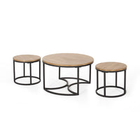Gery 3pc Nesting Coffee and End Table Set, Brown Wood, Black Metal -BM335114