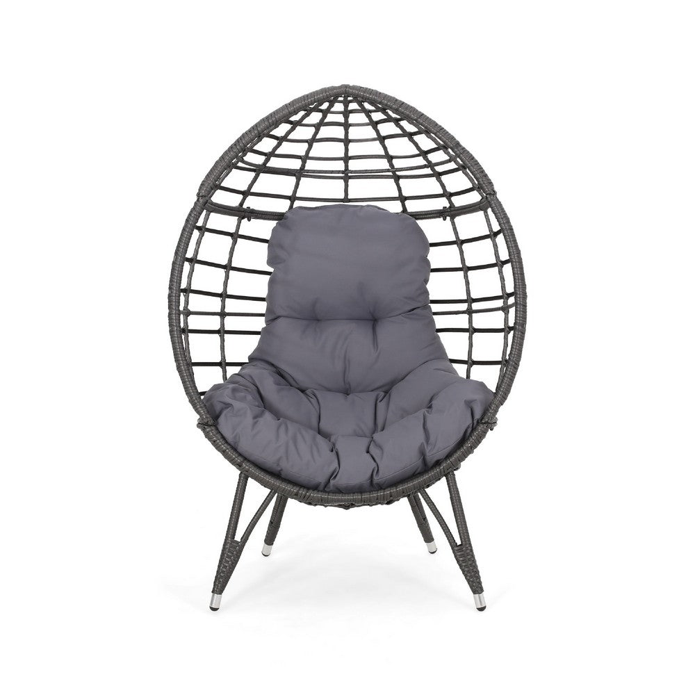 Accent Chair, Teardrop Handcrafted Woven Rattan, Iron, Gray Polyester -BM335117