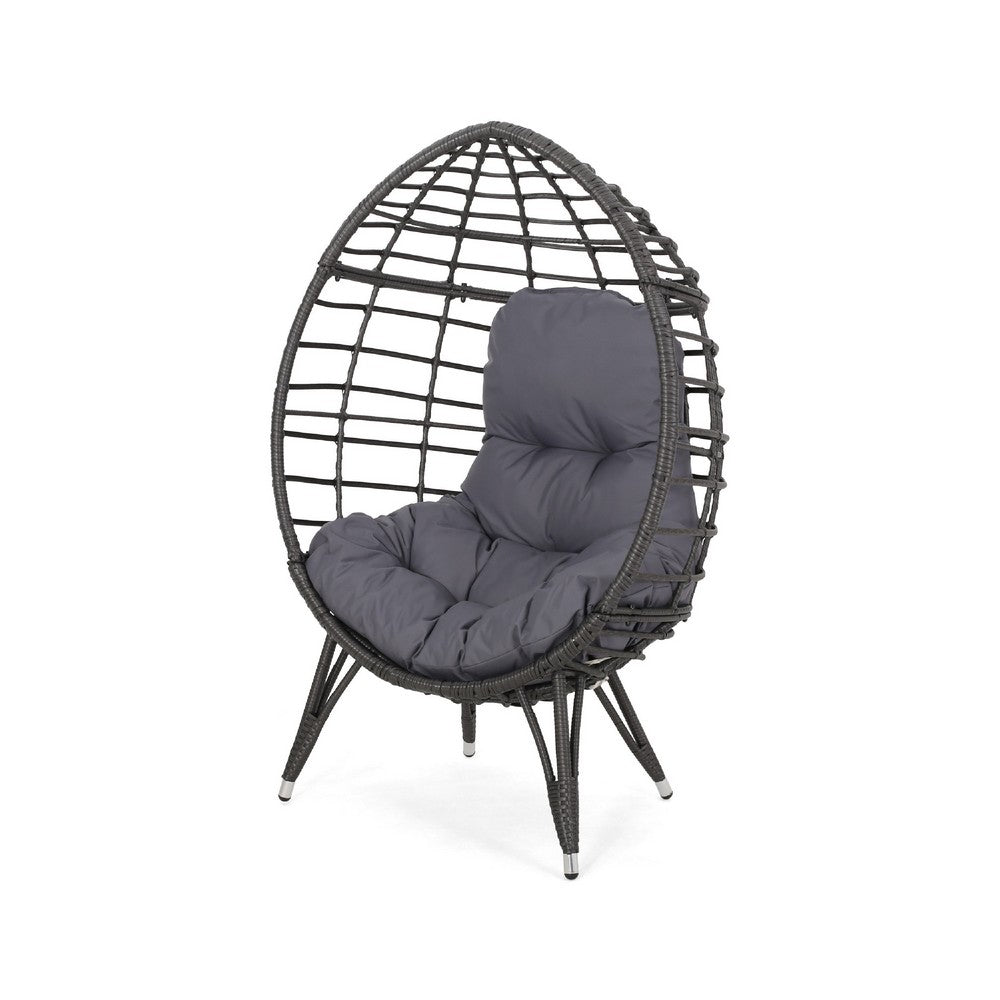 Accent Chair, Teardrop Handcrafted Woven Rattan, Iron, Gray Polyester -BM335117